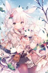 Rule 34 | 1girl, ana (rznuscrf), animal, animal ears, bag, blurry, blurry background, blush, bow, capelet, day, flower, hair flower, hair ornament, leaf, long hair, long sleeves, on head, original, outdoors, pantyhose, rabbit, rabbit ears, rabbit girl, red flower, red pantyhose, red rose, ribbon, rose, shirt, skirt, solo, very long hair, white hair, white shirt, wind, yellow eyes