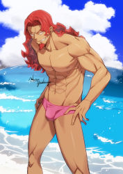 Rule 34 | 1boy, abs, bara, beach, bulge, character request, cloud, collarbone, commentary request, cowboy shot, curtained hair, facial hair, goatee, highres, long hair, looking to the side, male focus, male swimwear, mega man (series), mega man battle network, mega man battle network (series), muscular, muscular male, narrowed eyes, ocean, one-piece swimsuit, pectorals, pink male swimwear, pink one-piece swimsuit, pink swim briefs, red facial hair, red hair, signature, smirk, solo, swim briefs, swimsuit, tan, very long hair, yoshinaga haru
