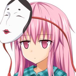 Rule 34 | 1girl, closed mouth, commentary request, expressionless, gin&#039;you haru, hata no kokoro, long hair, looking at viewer, mask, mask on head, noh mask, pink eyes, pink hair, portrait, profile picture, simple background, solo, touhou, upper body, white background