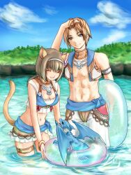 Rule 34 | 1boy, 1girl, :d, ^ ^, animal ears, adventurer (ff11), bare shoulders, bikini, blonde hair, blue eyes, blue sky, breasts, brown hair, cat ears, cat girl, cat tail, cleavage, closed eyes, closed mouth, day, dragon, dragoon wyvern (ff11), facial mark, final fantasy, final fantasy xi, flower, grey hairband, hair between eyes, hair flower, hair ornament, hairband, hand in own hair, highres, hume, in-universe location, long hair, looking at viewer, medium breasts, mithra (ff11), navel, open clothes, open mouth, open vest, outdoors, pink ribbon, ponytail, purple flower, ribbon, sakutsuki, short hair, sky, smile, standing, swimsuit, tail, tail raised, thighlet, vest, wading, water, whisker markings