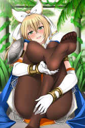 Rule 34 | 1girl, armor, blonde hair, blue cape, blush, bow, bracelet, cape, cassandra alexandra, commentary, commission, elbow gloves, english commentary, feet, foot focus, foot up, foreshortening, gloves, green eyes, hair bow, jewelry, large bow, lindaroze, open mouth, pantyhose, pauldrons, shoulder armor, sitting, soles, solo, soul calibur, toes, white bow
