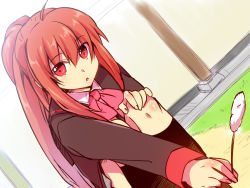 Rule 34 | 1girl, :o, ahoge, cattail, dutch angle, eyes visible through hair, grass, holding, little busters!, long hair, natsume rin, plant, ponytail, red eyes, red hair, satomi yoshitaka, school uniform, sitting, sketch, solo