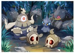 Rule 34 | banette, black eyes, black sclera, blue sclera, colored sclera, commentary, creatures (company), dusclops, duskull, english commentary, evolutionary line, floating, game freak, gen 3 pokemon, ghost, ghost tail, grass, hazikamiio, highres, horns, nature, nintendo, one-eyed, outdoors, pokemon, red eyes, red sclera, rock, shuppet, single horn, trait connection, yellow pupils