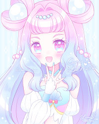 Rule 34 | 1girl, :d, bare shoulders, blue eyes, blue hair, blue nails, blush, commentary request, detached sleeves, gradient hair, hair intakes, hair rings, hand up, highres, himetsuki luna, laura (precure), long hair, long sleeves, looking at viewer, multicolored hair, nail polish, open mouth, pink hair, precure, puffy long sleeves, puffy sleeves, purple eyes, signature, smile, solo, thick eyebrows, tropical-rouge! precure, twitter username, upper body, very long hair, white sleeves