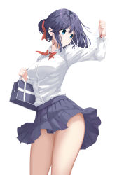 Rule 34 | 1girl, absurdres, bag, black hair, blue eyes, blush, bow, breasts, cowboy shot, daidai gege, hair ribbon, highres, holding, holding jewelry, holding necklace, jewelry, large breasts, long sleeves, necklace, original, panties, pantyshot, purple hair, ribbon, school bag, school uniform, shirt, simple background, skirt, smile, solo, underwear, white background, white shirt