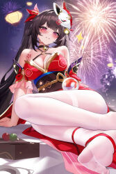 Rule 34 | 1girl, absurdres, bare shoulders, black hair, breasts, dango, fantongjun, fireworks, food, fox mask, hair ornament, highres, honkai: star rail, honkai (series), large breasts, long hair, looking at viewer, mask, mask on head, night, outdoors, pantyhose, parted lips, pink eyes, sitting, smile, soles, solo, sparkle (honkai: star rail), thighs, toes, twintails, wagashi, white pantyhose