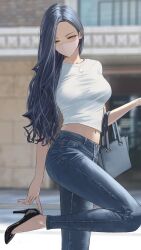 Rule 34 | 1girl, adjusting footwear, asymmetrical hair, bag, black footwear, blue hair, blurry, blurry background, breasts, building, commentary, crop top, cropped shirt, day, denim, eyelashes, forehead, hair over shoulder, handbag, hara kenshi, high heels, highres, jeans, jewelry, kimishima touka, large breasts, leg up, legs, long eyelashes, long hair, looking away, looking down, mask, midriff, mouth mask, navel, necklace, original, outdoors, pants, shirt, solo, spade (shape), spade necklace, standing, standing on one leg, taut clothes, taut shirt, thighs, very long hair, wavy hair, white shirt, yellow eyes
