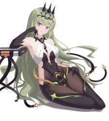 Rule 34 | :d, absurdres, arm support, armpits, asymmetrical gloves, backless dress, backless outfit, beijiushui, black dress, black gloves, black pantyhose, breasts, cleavage, closed mouth, crown, dress, gloves, green hair, hair between eyes, hand on own cheek, hand on own face, highres, honkai (series), honkai impact 3rd, long hair, looking at viewer, mismatched gloves, mobius (honkai impact), narrow waist, open mouth, pantyhose, purple eyes, simple background, sleeveless, sleeveless dress, smile, solo, thighs, white background