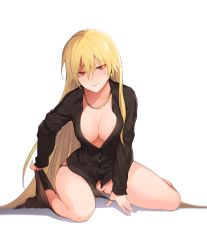 Rule 34 | 1girl, absurdly long hair, absurdres, black legwear, black panties, black shirt, blonde hair, blush, breasts, cleavage, collarbone, collared shirt, dress shirt, earrings, fate/stay night, fate (series), full body, genderswap, genderswap (mtf), gilgamesh-ko, gilgamesh (fate), hair between eyes, highres, jewelry, lock, lock earrings, long hair, long sleeves, looking at viewer, medium breasts, necklace, no pants, panties, panty pull, red eyes, shadow, shirt, simple background, sitting, smile, solo, thighhighs pull, tokikane mikan, unbuttoned, unbuttoned shirt, underwear, very long hair, wariza, white background