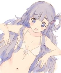 Rule 34 | 10s, 1girl, asari nanami, bad id, bad twitter id, bare shoulders, bikini, bikini top only, blue eyes, blue hair, blush, bottomless, breasts, collarbone, commentary request, fish hair ornament, hair ornament, idolmaster, idolmaster cinderella girls, jewelry, kawata hisashi, long hair, navel, open mouth, out-of-frame censoring, simple background, sketch, small breasts, solo, swimsuit, upper body, white background, white bikini