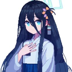Rule 34 | 1girl, aqua halo, aris (blue archive), blue archive, blue eyes, closed mouth, hair between eyes, hair ornament, halo, hanbok, korean clothes, long hair, long hair between eyes, looking at viewer, one side up, pixel art, rectangular halo, smile, solo, tinia etru, upper body, white background