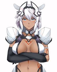 Rule 34 | animal ears, aqua eyes, black gloves, black hairband, body markings, breasts, caenis (fate), closed mouth, cowboy shot, crossed arms, dark-skinned female, dark skin, elbow gloves, fate/grand order, fate (series), gloves, hairband, headpiece, highleg, highres, large breasts, navel, revealing clothes, shoulder plates, solo, t-lex, tattoo, white background, white hair