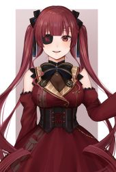 Rule 34 | 1girl, absurdres, bare shoulders, black bow, black ribbon, blunt bangs, blush, bow, breasts, brown eyes, cleavage, commentary request, corset, cowboy shot, detached sleeves, dress, eyepatch, frills, gem, grey background, hair ribbon, hand up, heart, heart print, highres, hololive, houshou marine, juliet sleeves, large breasts, long hair, long sleeves, looking at viewer, nerua, open mouth, puffy sleeves, red dress, red eyes, red hair, ribbon, sidelocks, smile, solo, twintails, virtual youtuber, white background
