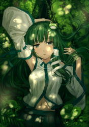 Rule 34 | 1girl, detached sleeves, frog hair ornament, green eyes, green hair, hair ornament, hair tubes, highres, japanese clothes, kochiya sanae, long hair, long sleeves, looking at viewer, lying, matching hair/eyes, midriff, miko, navel, on back, on ground, open mouth, ryokucha manma, shirt, skirt, snake hair ornament, solo, touhou, tree shade, upper body, wide sleeves