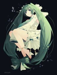 Rule 34 | 1girl, arm tattoo, barefoot, blue eyes, bow-shaped hair, closed mouth, dated, detached sleeves, dress, full body, green hair, hair ribbon, hatsune miku, highres, long hair, looking at viewer, necktie, ribbon, shakemi (sake mgmgmg), simple background, sleeves past fingers, sleeves past wrists, solo, sparkle, tattoo, twintails, very long hair, vocaloid, white dress, white ribbon, white sleeves