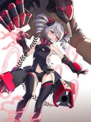 Rule 34 | 1girl, aliceblue, artist name, bare shoulders, black leotard, black thighhighs, breasts, bronya zaychik, bronya zaychik (black nucleus), charging, clenched hand, drill hair, facial mark, floating, gloves, gradient background, hair between eyes, hair ornament, headgear, highres, honkai (series), honkai impact 3rd, leotard, lightning, long hair, machinery, outstretched arm, project bunny, red eyes, silver hair, simple background, small breasts, solo, symbol-shaped pupils, thighhighs, torn clothes, torn leotard, twin drills