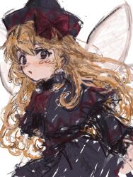 Rule 34 | 1girl, b nosk101, black capelet, black dress, black hat, blonde hair, blush, capelet, dress, fairy, fairy wings, hair between eyes, hat, highres, lily black, lily white, long hair, long sleeves, one-hour drawing challenge, open mouth, red eyes, simple background, solo, touhou, white background, wide sleeves, wings