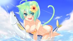 Rule 34 | 1girl, :d, ahoge, animal ears, bikini, blush, breasts, cat ears, cat tail, cleavage, dodome-iro mayonnaise, fish, flower, frilled bikini, frills, green eyes, green hair, hair flower, hair ornament, hibiscus, highres, large breasts, light rays, looking at viewer, matching hair/eyes, open mouth, orange bikini, original, partially submerged, sharon (dodomayo), short hair, side-tie bikini bottom, smile, solo, sunbeam, sunlight, swimsuit, tail, untied, wallpaper, water