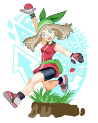 Rule 34 | 1girl, :d, arm up, arrow (symbol), bandana, bare arms, bare shoulders, bike shorts, black socks, brown hair, collared dress, creatures (company), dress, empty eyes, fanny pack, female focus, floating hair, full body, game freak, gameplay mechanics, gloves, grass, green bandanna, happy, head tilt, holding, holding poke ball, jumping, ledge, long hair, looking at viewer, may (pokemon), may (pokemon emerald), nintendo, open mouth, poke ball, poke ball (basic), pokemon, pokemon emerald, pokemon rse, red dress, round teeth, shoes, sirknightly, sleeveless, sleeveless dress, smile, sneakers, socks, solo, teeth, twitch plays pokemon, upper teeth only