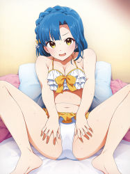 Rule 34 | 1girl, bare arms, bare shoulders, barefoot, bed, bikini, blue hair, blush, bow, braid, breasts, cleavage, collarbone, commentary request, crown braid, feet, feet out of frame, frilled bikini, frills, hair bow, hair ornament, halterneck, hands on own thighs, highres, idolmaster, idolmaster million live!, idolmaster million live! theater days, indoors, kabayaki unagi, knees up, looking at viewer, medium breasts, medium hair, nanao yuriko, navel, on bed, open mouth, orange bikini, orange bow, pillow, sitting, soles, solo, spread legs, spread pussy under clothes, star (symbol), star hair ornament, stomach, sweat, swimsuit, two-tone bikini, v-shaped eyebrows, white bikini, yellow eyes