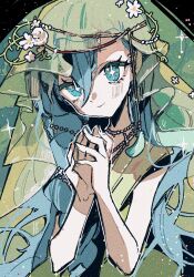 Rule 34 | 1girl, 37 (reverse:1999), bare arms, blue eyes, blue hair, dress, film grain, finger touching, flower ornament, green dress, green veil, hair between eyes, hand up, head tilt, jewelry, long hair, looking at viewer, necklace, official alternate costume, own hands together, reverse:1999, smile, solo, sparkle, upper body, yuzu (parasitic 910)