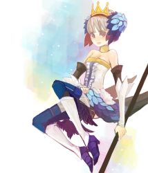 Rule 34 | 1girl, armor, armored dress, bad id, bad pixiv id, boots, crown, dress, fantasy, gwendolyn (odin sphere), hagiko, hat, multicolored wings, odin sphere, skirt, solo, strapless, strapless dress, thighhighs, wings