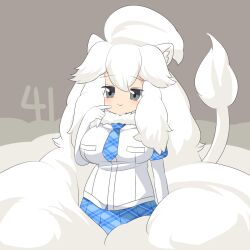 Rule 34 | 1girl, :3, absurdly long hair, animal ear fluff, animal ears, blue necktie, blue skirt, blush, breasts, closed mouth, commentary request, cowboy shot, elbow gloves, gloves, grey background, grey eyes, highres, kemono friends, large breasts, lets0020, lion ears, lion girl, lion tail, long hair, looking at viewer, medium bangs, necktie, numbered, plaid, plaid necktie, plaid skirt, pleated skirt, pointing, pointing at self, shirt, short sleeves, sidelocks, simple background, skirt, smile, solo, tail, very long hair, white gloves, white hair, white lion (kemono friends), white shirt