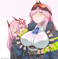 Rule 34 | 2girls, abineko, absurdres, artist name, belt, blue jacket, blue skirt, blush, breasts, chainsaw man, closed eyes, closed mouth, crossover, eyewear on head, girls&#039; frontline, hand on own hip, highres, horns, jacket, large breasts, long hair, look-alike, looking at another, mole, mole under eye, multiple girls, neck tattoo, open clothes, open jacket, orange hair, pink hair, police, police uniform, power (chainsaw man), shirt, sig mcx (girls&#039; frontline), simple background, skirt, smile, tattoo, trait connection, uniform, white shirt
