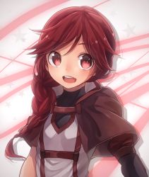 Rule 34 | 1girl, :d, aiueo12130306, braid, braided ponytail, brown capelet, capelet, hai to gensou no grimgar, hair between eyes, hair over shoulder, long hair, looking at viewer, open mouth, red eyes, red hair, single braid, smile, solo, swept bangs, upper body, yume (grimgar)