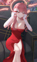 Rule 34 | 1girl, aru (blue archive), bare shoulders, blue archive, breasts, cleavage, dress, gloves, highres, karobevy, large breasts, looking at viewer, red dress, red hair, sitting, solo, white gloves, yellow eyes