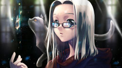 Rule 34 | 1girl, absurdres, androgynous, animal, animal on shoulder, blue eyes, cat, crystal, forehead, forehead jewel, glasses, highres, lens flare, light particles, open mouth, original, portrait, rugiadian, solo, white hair