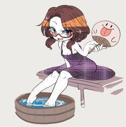 Rule 34 | 1girl, blush, breasts, brown hair, dress, ghost, glasses, hand fan, no bra, no headwear, no headwear, paper fan, plaid, plaid dress, porch, short twintails, small breasts, smile, sundress, tongue, tongue out, touhou, twintails, usami sumireko, water, yt (wai-tei)