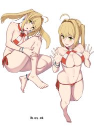 Rule 34 | 1girl, adjusting clothes, adjusting swimsuit, ahoge, anklet, bare shoulders, barefoot, bikini, blonde hair, blush, bracelet, breasts, cleavage, closed mouth, collarbone, criss-cross halter, dated, earrings, fate/grand order, fate (series), feet, green eyes, hair intakes, halterneck, jewelry, knee to chest, large breasts, long hair, looking at viewer, looking to the side, michihasu, navel, nero claudius (fate), nero claudius (fate) (all), nero claudius (swimsuit caster) (fate), open mouth, side-tie bikini bottom, simple background, smile, string bikini, striped bikini, striped clothes, swimsuit, thighs, tsurime, twintails, white background