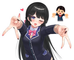 1girl black_hair black_jacket black_nails blazer blue_eyes bow bowtie buttons cardigan collared_shirt double_v hair_ornament hair_ribbon hairclip heart highres irasutoya jacket long_hair long_sleeves looking_at_viewer mawoillust nail_polish nijisanji one_eye_closed open_mouth pink_bow pink_bowtie pink_nails pink_ribbon plaid_clothes ribbon school_uniform shirt simple_background solo tsukino_mito tsukino_mito_(1st_costume) v virtual_youtuber white_background white_shirt