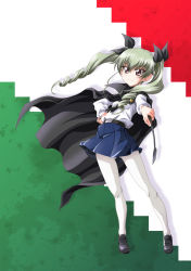 Rule 34 | 1girl, anchovy (girls und panzer), anzio school uniform, belt, black belt, black cape, black footwear, black necktie, black ribbon, blue skirt, brown eyes, cape, closed mouth, commentary, dress shirt, drill hair, flag background, girls und panzer, green hair, hair ribbon, highres, italian flag, loafers, long hair, long sleeves, looking at viewer, miniskirt, necktie, pantyhose, pleated skirt, ribbon, riding crop, school uniform, shadow, shirt, shoes, skirt, smile, solo, standing, twin drills, twintails, white pantyhose, white shirt, wind, wind lift, wing collar, zf mizunokei