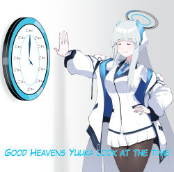 Rule 34 | 1girl, ^ ^, absurdres, arm support, benmeova, black pantyhose, blazer, blue archive, blue necktie, blunt bangs, clock, closed eyes, coat, collared shirt, commentary, english commentary, english text, gomen yui, good heavens just look at the time (meme), grey hair, halo, hand on own hip, headgear, highres, indoors, jacket, long hair, long sleeves, looking at viewer, meme, mixed-language commentary, necktie, noa (blue archive), open clothes, open coat, pantyhose, pleated skirt, school uniform, shirt, sidelocks, simple background, skirt, smile, solo, translated, wall clock, white coat, white shirt, white skirt