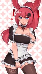 Rule 34 | 1girl, animal ears, artist name, blue eyes, blush, breasts, brown thighhighs, cleavage, commentary, commission, dangle earrings, earrings, english commentary, heart, highres, jewelry, long hair, looking at viewer, maid, medium breasts, original, ponytail, puffy short sleeves, puffy sleeves, rabbit ears, red hair, rukiadaichi, short sleeves, smile, solo, thighhighs, tongue, tongue out