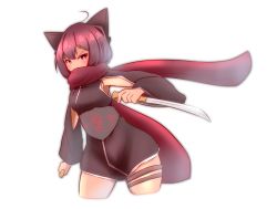 Rule 34 | 1girl, ahoge, animal ears, black kimono, blush, cat ears, covered eyes, cropped legs, dual wielding, hair between eyes, highres, holding, holding sword, holding weapon, idaten93, japanese clothes, kimono, long hair, looking at viewer, ninja, original, parted lips, red eyes, red hair, red scarf, scarf, short kimono, short sword, simple background, solo, sword, v-shaped eyebrows, weapon, white background