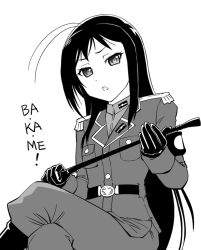 Rule 34 | 1girl, accel world, antenna hair, gloves, greyscale, kuroyukihime, long hair, looking at viewer, military, military uniform, monochrome, open mouth, simple background, solo, ueyama michirou, uniform, white background