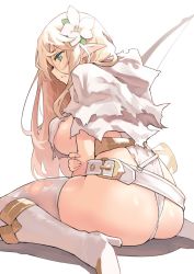 Rule 34 | 1girl, ass, belt, blonde hair, blue eyes, blush, boots, bow (weapon), breasts, capelet, elf, female focus, flower, hair flower, hair ornament, highres, kekemotsu, knee boots, large breasts, leotard, long hair, original, pointy ears, revision, simple background, sitting, solo, thighhighs, torn clothes, wariza, weapon, white capelet, white footwear, white leotard, white thighhighs