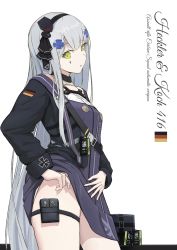 Rule 34 | 1girl, absurdres, amamizu shizuku, black jacket, character name, clothes lift, commentary request, cowboy shot, cursive, dress, dress lift, english text, facial mark, german flag, girls&#039; frontline, green eyes, headgear, highres, hk416 (girls&#039; frontline), hk416 (mod3) (girls&#039; frontline), jacket, lifting own clothes, long hair, long sleeves, looking at viewer, military jacket, mod3 (girls&#039; frontline), open clothes, open jacket, pouch, silver hair, simple background, solo, standing, teardrop, thigh pouch, thighs, very long hair, white background