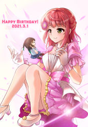 Rule 34 | 1girl, absurdres, artist name, artist request, bare legs, bart (bart harooo), blush, bow, braid, braided bun, breasts, character doll, cleavage, collarbone, dream with you (love live!), dress, dress bow, female focus, flower, frilled dress, frills, gloves, green eyes, hair bun, high heels, highres, jewelry, knees up, looking at viewer, love live!, love live! nijigasaki high school idol club, love live! school idol festival, medium breasts, necklace, orange hair, parted lips, pearl necklace, pink bow, pink flower, pink skirt, pink wrist cuffs, puffy short sleeves, puffy sleeves, red hair, short hair, short sleeves, side bun, single hair bun, sitting, skirt, smile, solo, takasaki yu, uehara ayumu, white background, white dress, white footwear, white gloves, white high heels, white skirt, wrist cuffs, yellow eyes