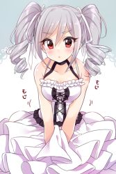 Rule 34 | 10s, :o, breasts, cleavage, cross-laced clothes, dress, drill hair, eyebrows, fidgeting, hair ribbon, idolmaster, idolmaster cinderella girls, kanzaki ranko, layered dress, looking at viewer, medium breasts, red eyes, ribbon, silver hair, solo, trente, twin drills, v arms, white dress