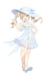 Rule 34 | 1girl, absurdres, barbara (genshin impact), blue dress, blue eyes, blue flower, blue footwear, breasts, commentary request, dress, flower, full body, genshin impact, hair between eyes, hand on own hip, hand up, hat, hat flower, hat ornament, high heels, highres, index finger raised, korean commentary, light brown hair, long hair, looking at viewer, one eye closed, open mouth, pbaeck22, sandals, see-through, see-through sleeves, short sleeves, sidelocks, simple background, small breasts, smile, solo, standing, teeth, tongue, twintails, white background, wing collar, wrist cuffs