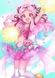 Rule 34 | 1girl, :d, akuo, aqua background, arm up, armpits, bare shoulders, blunt bangs, blush, bow, breasts, cheerleader, confetti, crop top, cure yell, detached sleeves, earrings, floating hair, flower, frilled skirt, frills, hair bow, hair flower, hair ornament, hair ribbon, hand up, happy, heart, heart hair ornament, highres, holding, hugtto! precure, jewelry, jumping, kneehighs, layered skirt, linea alba, long hair, looking at viewer, magical girl, medium breasts, midriff, miniskirt, navel, nono hana, open mouth, outstretched arm, petals, pink eyes, pink hair, pink lips, pink skirt, pleated skirt, pom pom (cheerleading), precure, puffy sleeves, red ribbon, ribbon, shirt, short eyebrows, short sleeves, sidelocks, skirt, sleeveless, sleeveless shirt, smile, socks, solo, standing, star (symbol), stomach, thick eyebrows, twintails, very long hair, white flower