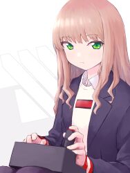 Rule 34 | 1girl, arcade stick, black jacket, black pantyhose, brown hair, closed mouth, collared shirt, controller, game controller, green eyes, gridman universe, highres, holding, jacket, joystick, long hair, long sleeves, looking at viewer, minami yume, open clothes, open jacket, pantyhose, shirt, simple background, solo, ssss.dynazenon, upper body, yachima tana