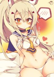 Rule 34 | 1girl, ayanami (azur lane), azur lane, bad id, bad pixiv id, bare arms, bare shoulders, bed sheet, bikini, blue sailor collar, blush, closed mouth, clothes lift, collarbone, commentary request, crop top, dutch angle, hair between eyes, hair ornament, hand on own hip, headgear, heart, high ponytail, highres, light brown hair, long hair, looking at viewer, muuran, navel, orange eyes, ponytail, sailor collar, school uniform, serafuku, shirt, shirt lift, sidelocks, signature, sitting, sleeveless, sleeveless shirt, solo, spoken blush, swimsuit, thighhighs, very long hair, white bikini, white shirt, white thighhighs
