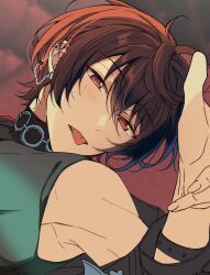 Rule 34 | 1boy, blush, brown hair, chain, chain earrings, earrings, ensemble stars!, evil telephone (ensemble stars!), fang, green tank top, grey tank top, highres, jewelry, looking at viewer, lying, male focus, maruo hamham, multicolored tank top, multiple earrings, official alternate costume, red eyes, sakuma ritsu, solo, tank top, tongue, tongue out, vampire