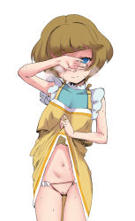 Rule 34 | 1girl, brown hair, censored, clothes lift, covering own eyes, crotchless, crotchless panties, dress, dress lift, empty eyes, glasses, highres, ichinose minori, kouff11, panties, precure, pussy, short hair, simple background, smile, solo, tropical-rouge! precure, underwear, white background