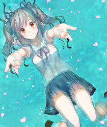 Rule 34 | 10s, 1girl, bad id, bad pixiv id, cherry blossoms, drill hair, floating skull, grey hair, hair ribbon, highres, idolmaster, idolmaster cinderella girls, izumil, kanzaki ranko, long hair, looking at viewer, outstretched arms, partially submerged, red eyes, ribbon, school uniform, skirt, smile, solo, twin drills, twintails